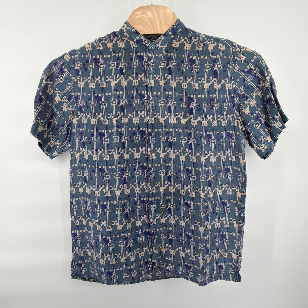Personal Choice Button Front Shirt Mens Medium Blue Tan Silk Geometric Mandarin